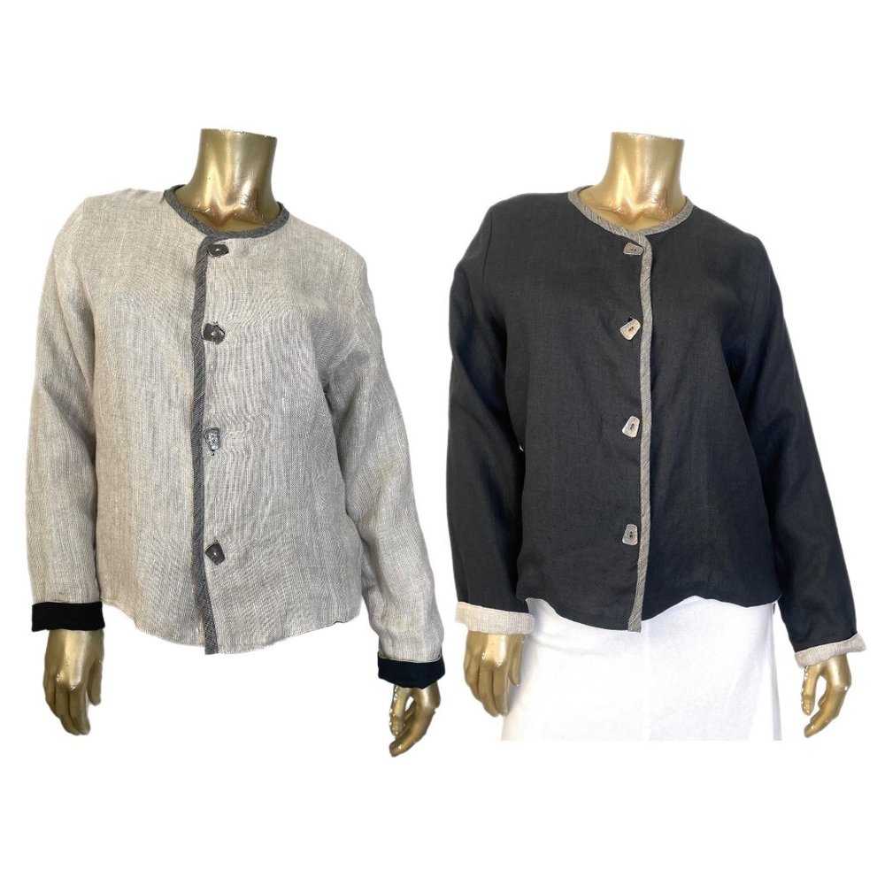 UNBRANDED REVERSIBLE FLAX LINEN BLACK & TAN JACKET  W/ METAL BUTTONS 42" BUST